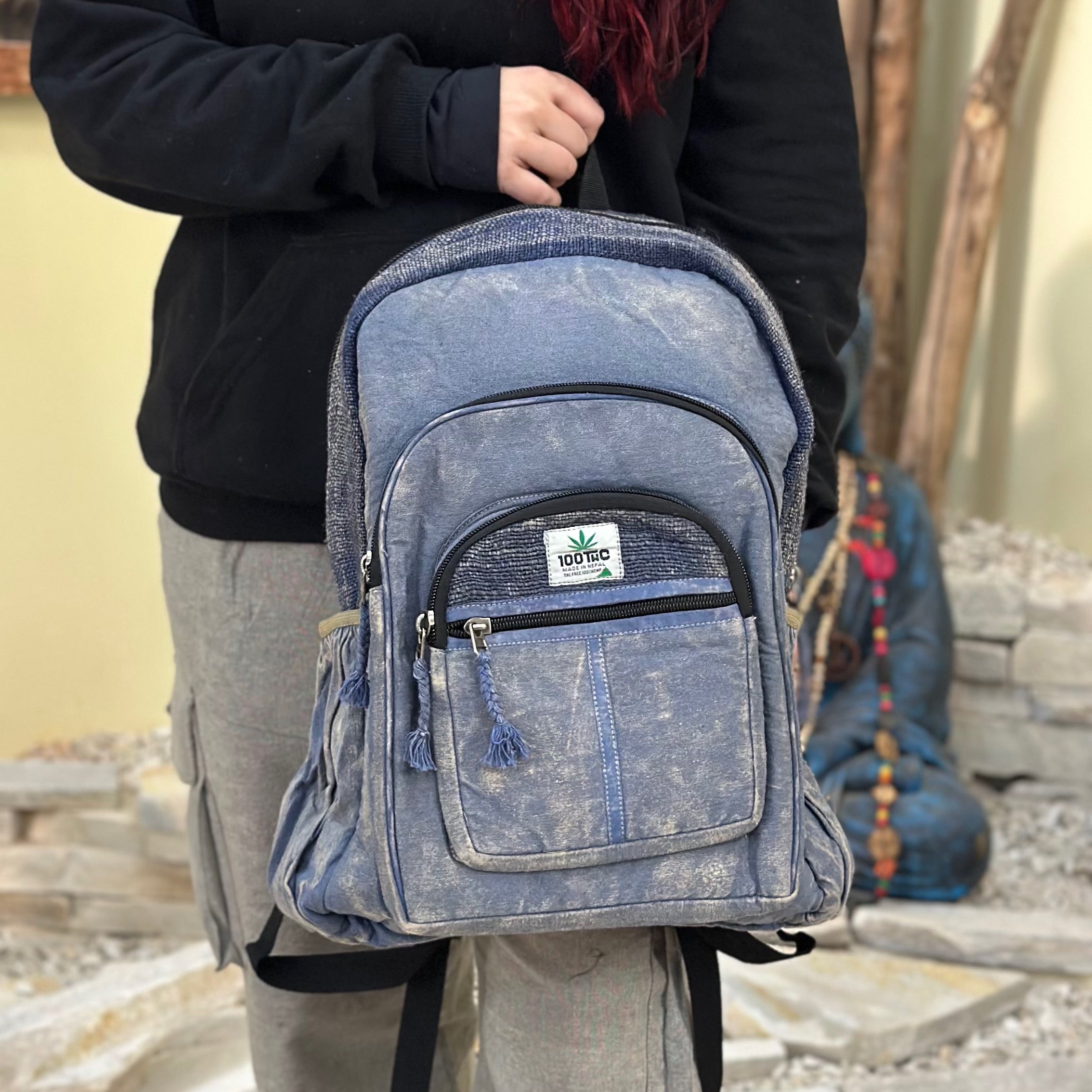 Mochila Grande de Cânhamo Azul Lavado