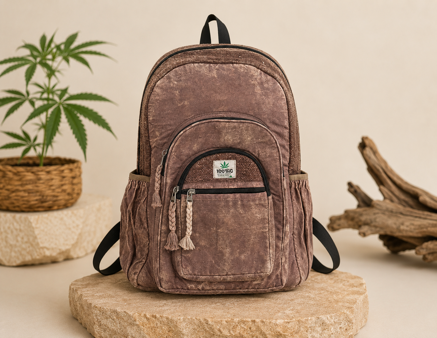 Mochila Grande de Cânhamo Marron Lavado